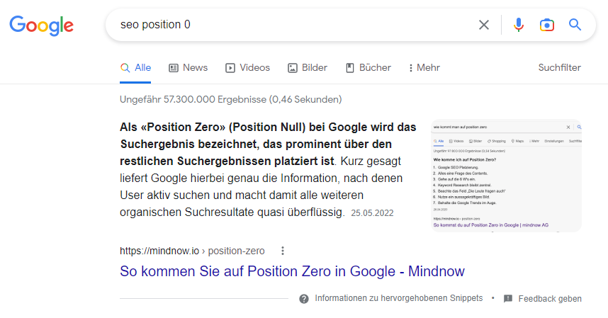 Beispiel einer Position Zero bei Google