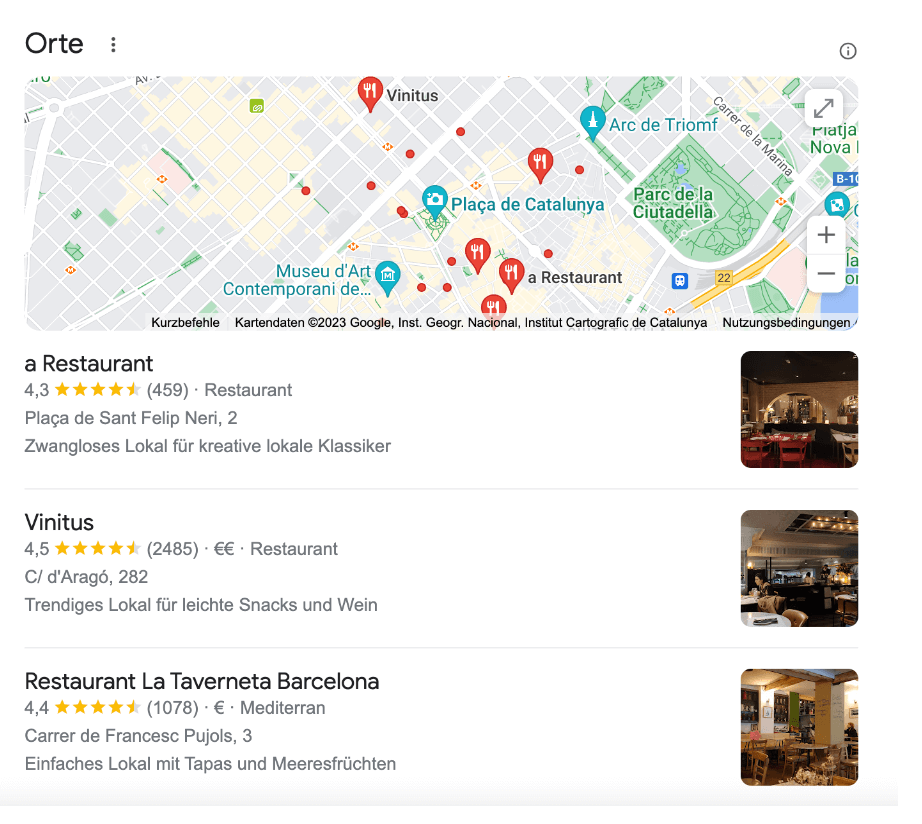 Beste Orte für Restaurants in der Google SERP nach Google Suchanfrage
