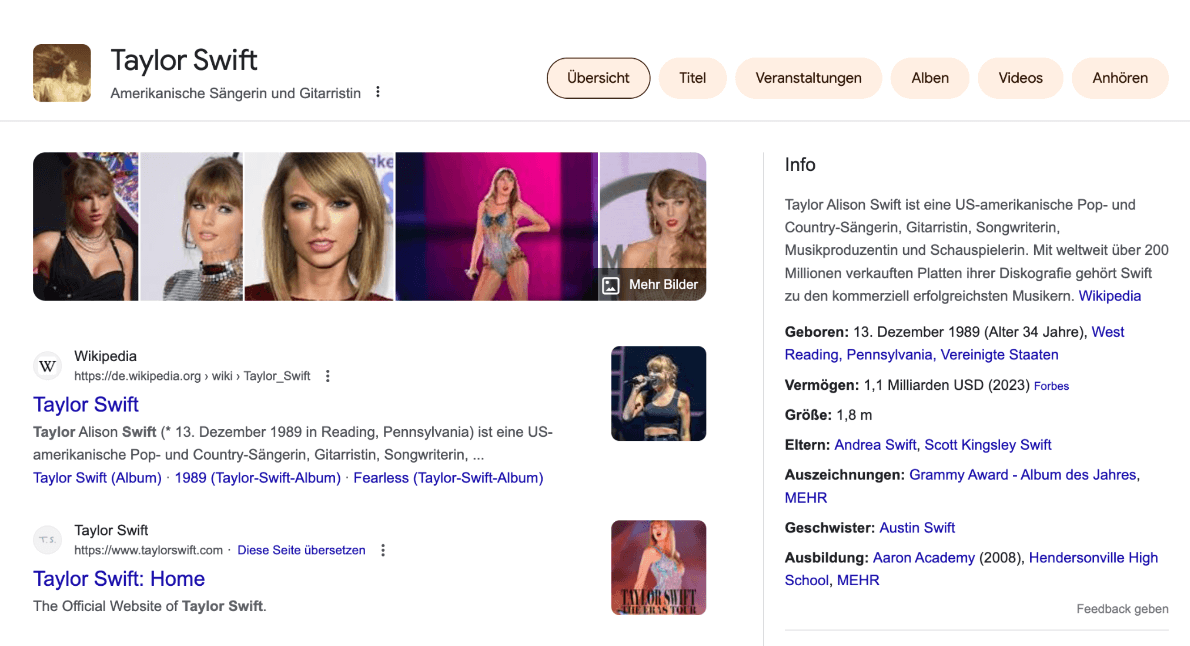 Knowledge Panel mit Informationen zu Taylor Swift als Beispiel