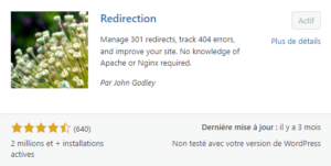 Capture d'écran extension WordPress "Redirection"