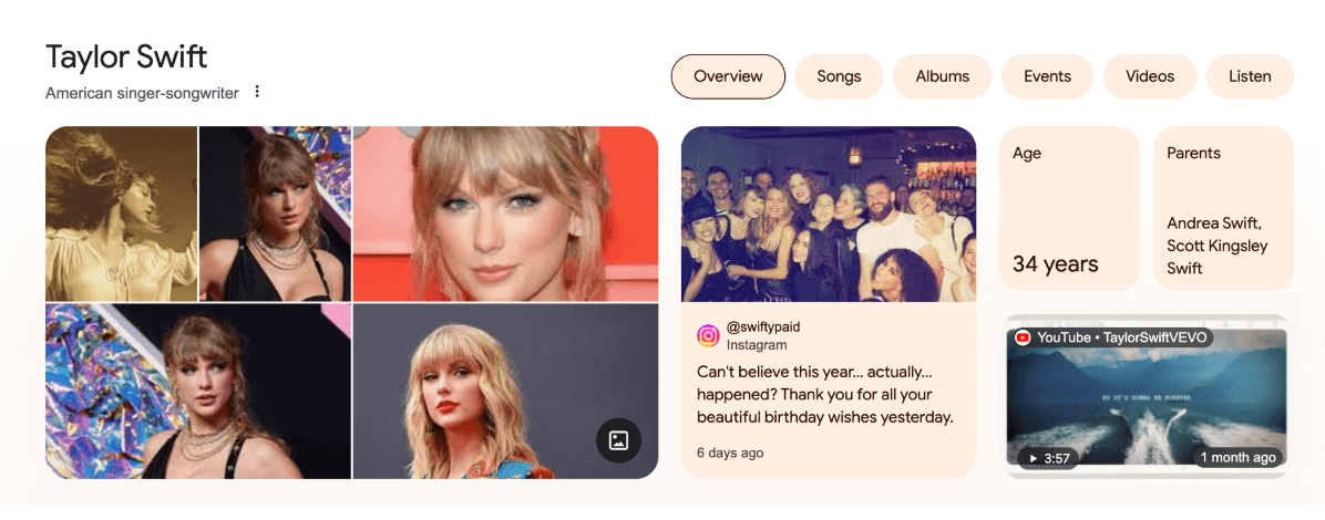 Knowledge Panel about TAylor Swift as an example