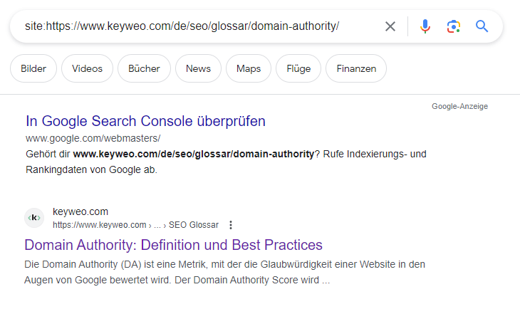Erfolgreiche Google Indexierung vom Glossareintrag von Keyweo