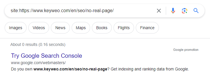 Unsuccessful Google indexing using a fictitious URL example