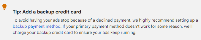 Adding a secondary credit card in Google Ads